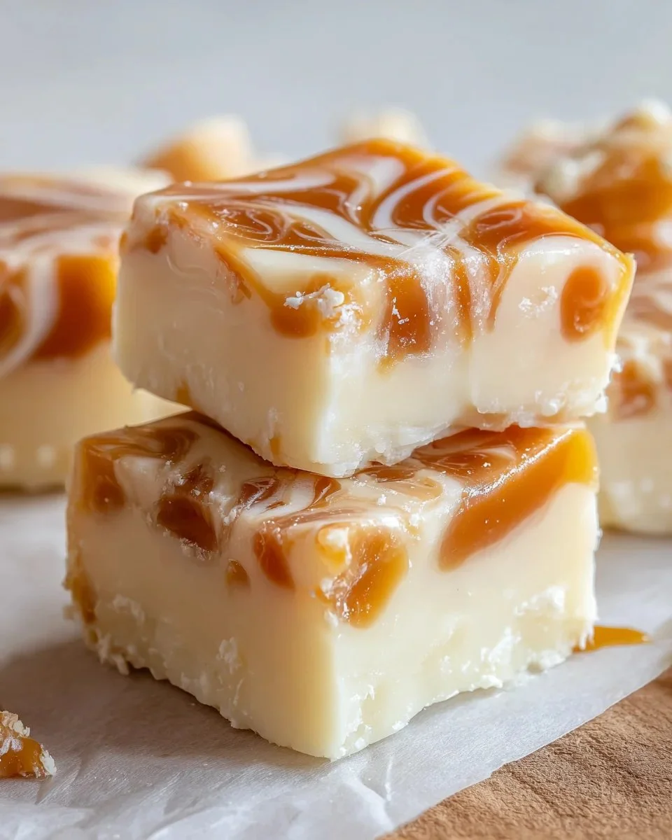 Delicious homemade white chocolate caramel fudge squares on a plate